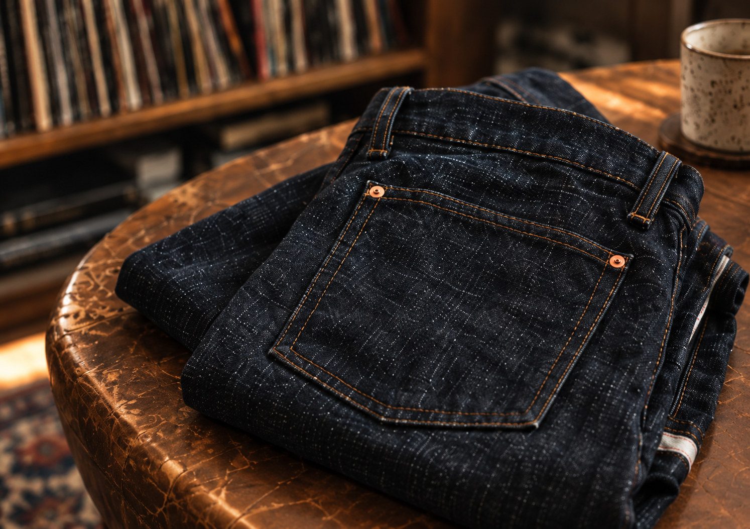 Folded dark indigo selvedge jeans with a plain back pocket and copper rivets.